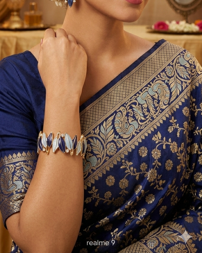 Premium Floral Leaf Enamel Bracelet with Matching Earrings Set - Navy & Sky Blue