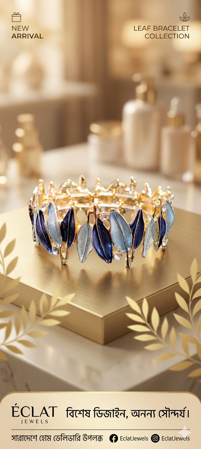 Premium Floral Leaf Enamel Bracelet with Matching Earrings Set - Navy & Sky Blue