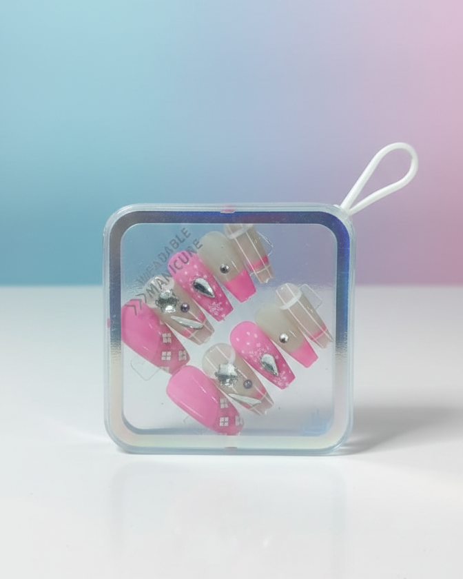 Premium Handcrafted Pink & Nude Press-On Nail Set with Stone Accents