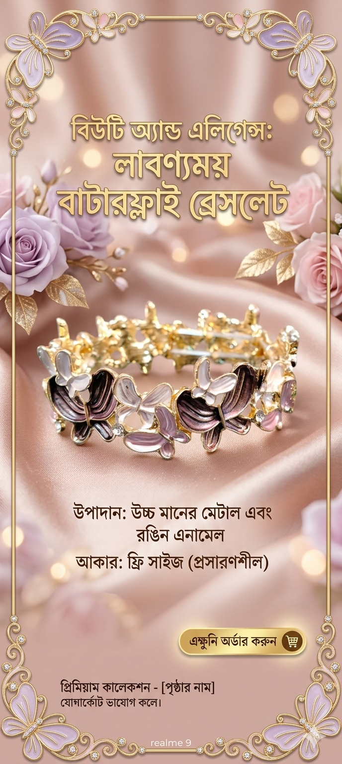 প্রিমিয়াম গোল্ডেন বাটারফ্লাই এনামেল ব্রেসলেট – রাজকীয় ও শৈল্পিক ডিজাইন