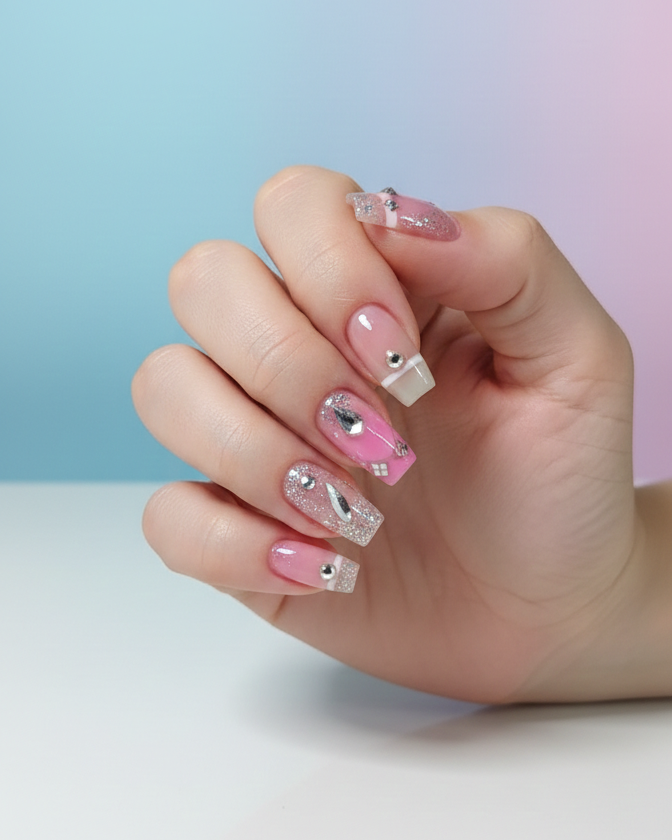 Premium Handcrafted Pink & Nude Press-On Nail Set with Stone Accents