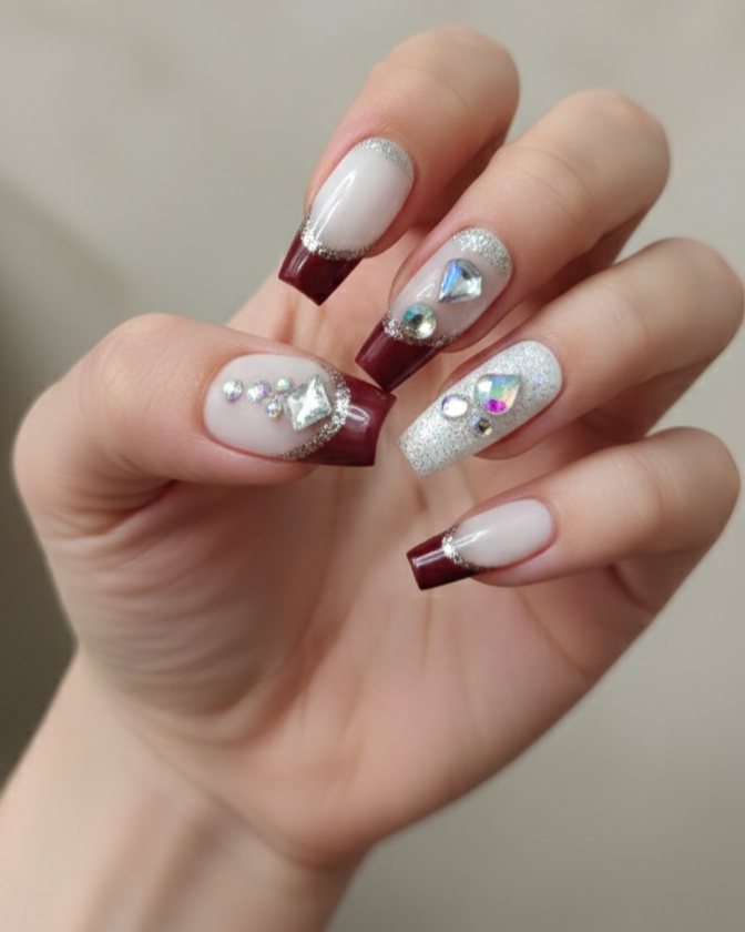 Premium Handcrafted French Tip Press-on Nails with Glitter & Stone Embellishments – Deep Maroon & Silver Edition