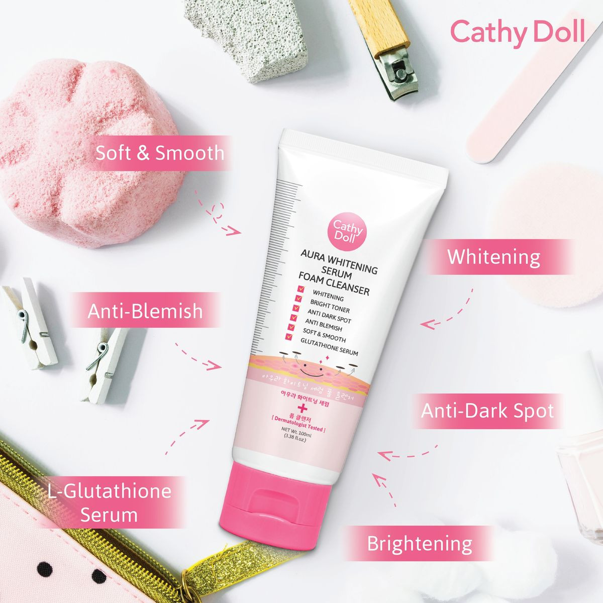 Cathy Doll Aura Whitening Serum Foam Cleanser | Brightening, Anti-Dark Spot & Anti-Blemish-100ml