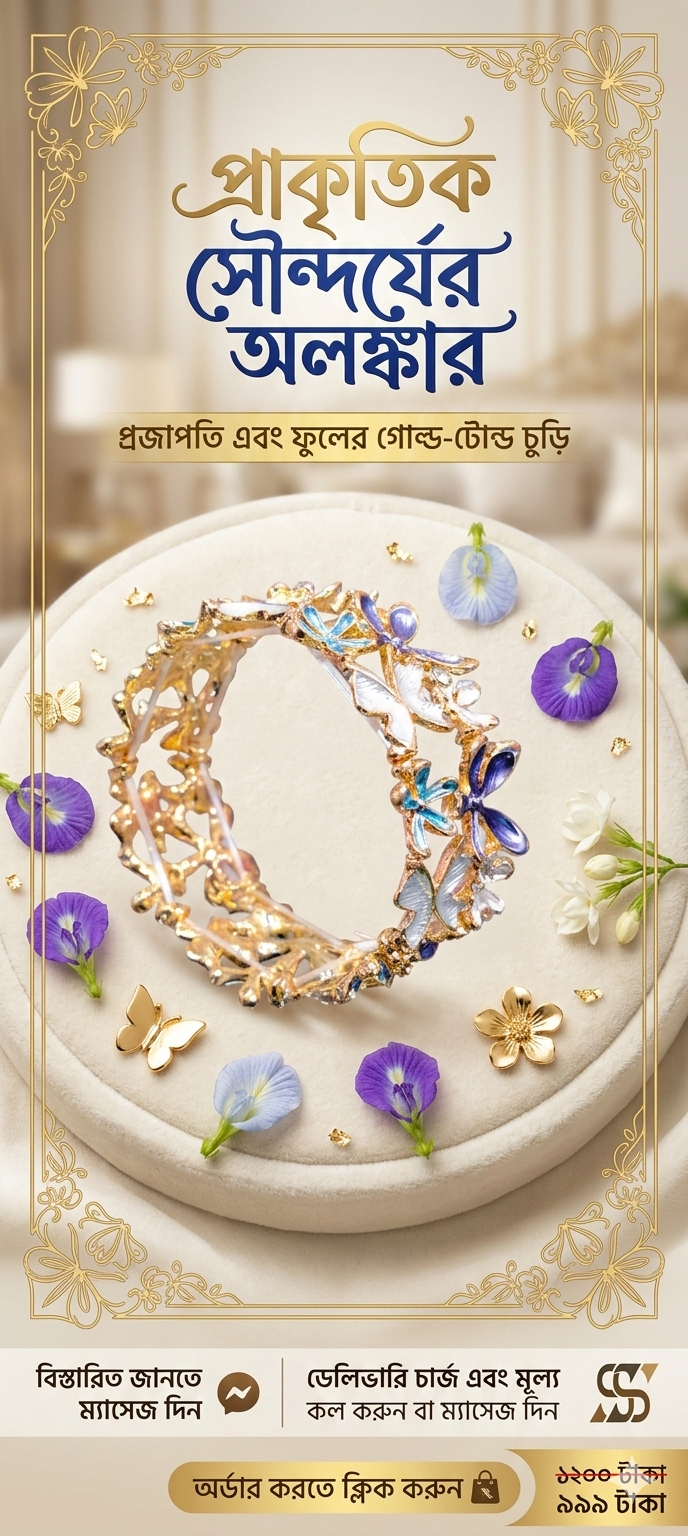 প্রিমিয়াম গোল্ড-টোন্ড বাটারফ্লাই এবং ফ্লাওয়ার এনামেল চুড়ি - মাল্টিকালার