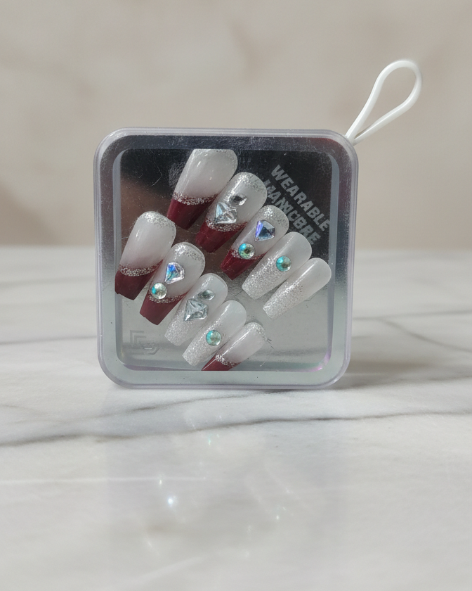 Premium Handcrafted French Tip Press-on Nails with Glitter & Stone Embellishments – Deep Maroon & Silver Edition