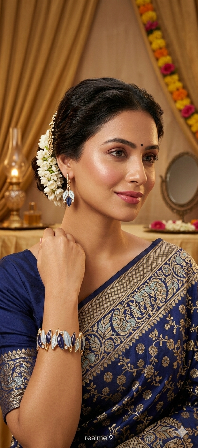 Premium Floral Leaf Enamel Bracelet with Matching Earrings Set - Navy & Sky Blue