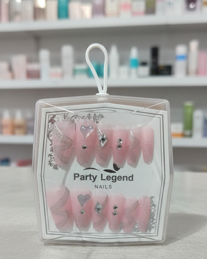 Party Legend Luxury Press-On Nail Kit - Elegant Pink & Silver Glitter Design